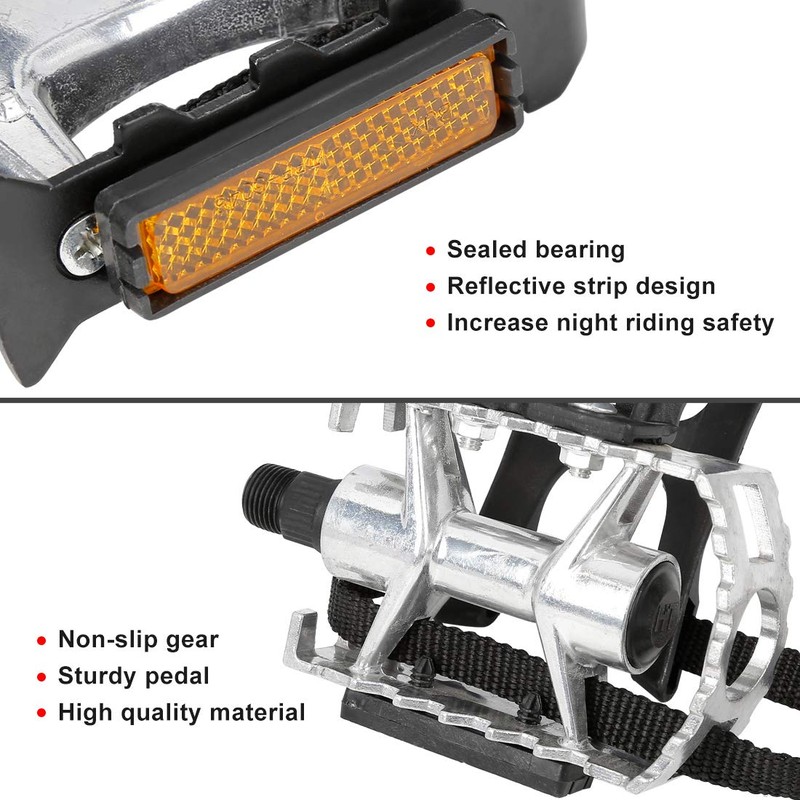 X AUTOHAUX Pair Bicycle Pedals with Toe Clip Foot Strap