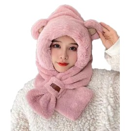 New Knitted Faux Fur Trim Animal Ear Balaclava Hood Scarf Beanie Hat Fluffy (Pink with Ears)