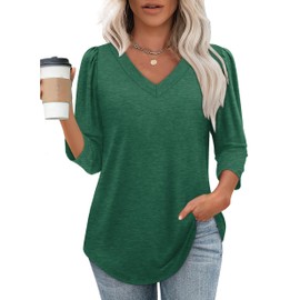 Shirts for Women Dressy Casual Women's 3/4 Length Puff Sleeve Tops Summer Fashion V Neck Blouse Fall Trendy Polyester T-Shirts Loose Curved Hem Tshirts Flattering Long Tunic Hide Tummy Green XL