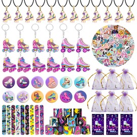 122 PCS Roller Skate Party Favors Skating Party Supplies with Key Chains Button Pins Stickers Rubber Bracelets for Hip Hop Disco 80s 90s Themed Party (style 2)