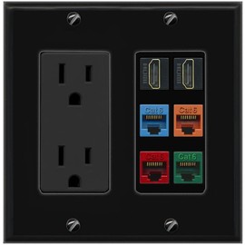 RiteAV 2 HDMI 4 Cat6 Ethernet Mixed Color Wall Plate - Outlet [Black/Black]
