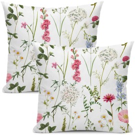 White Spring Flower Throw Pillow Cover 20x20 inch, Pink Floral Sage Green Plant Pillow Case Nature Seasonal Outdoor Decorative Square Farmhouse Cushion Pillowcover for Home Sofa Bed Couch Set of 2