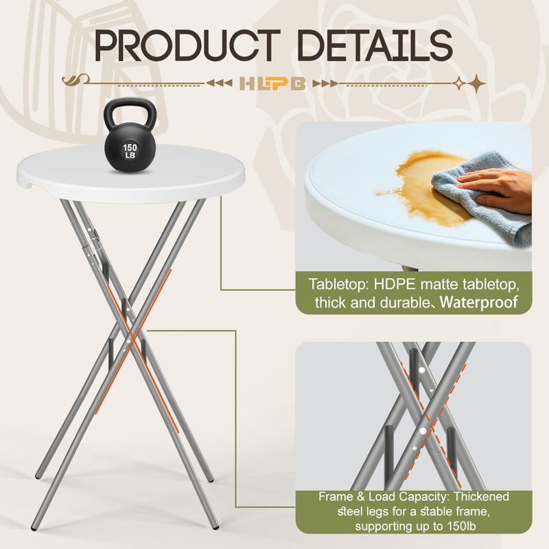 HLPB 28" Round Folding Table with Cover, Foldable Bar Height