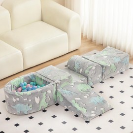 Tiita Baby Climb and Crawl Playset 5-Piece, Kids Foam Climbing Block with Small Ball Pit - Indoor Soft Play Climber for Playtime Fun, Grey Star, Green Dinosaur