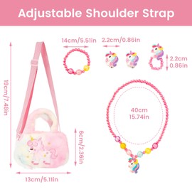 PEAPIN Unicorn Jewelry Set for Girls 3-8 Year Old, Crossbody Bag with 4Pcs Accessories (Bracelet+Necklace+Earrings+Ring), Adjustable Shoulder Strap, Kids Dress Up Gift for Unicorn Gifts for Girls