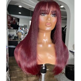 99J Burgundy Red Straight Wig With Bangs Fringe Human Hair Wigs for Black Women Pre Plucked Brazilian Remy Hair 13x4 HD Transparent Lace Front Wig 150% Density Bleached Knots Glueless Wigs 16inch