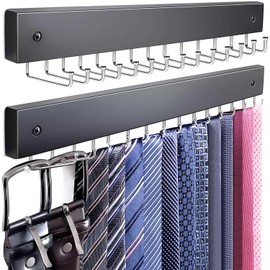 KEOAMG 2Pack Tie Rack Wall Mounted, Wooden Belt Hanger Tie Organizer for Closet with 28 Folding Hooks, Space Saving Tie Holder and Belt Rack for Closet Wall Mount, Black