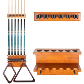 Billmart Wall Mount Pool Stick Holder - Billiards Pool Cue Rack for 6 Cues Sticks Storage Pool Table Accessories, Brown