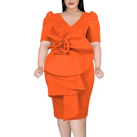 ONTINVA Women V-Neck Flower Short Sleeve Ruffle Formal Party Dress Work Office Cocktail Dresses (Orange,M,Medium)