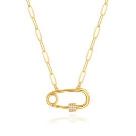 Aobei Pearl 18K Gold Safety Pin Pendant Necklace Paperclip Chain Choker Dainty CZ Pave Screw Lock Layering Jewelry for Women