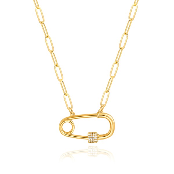 Aobei Pearl 18K Gold Safety Pin Pendant Necklace Paperclip Chain