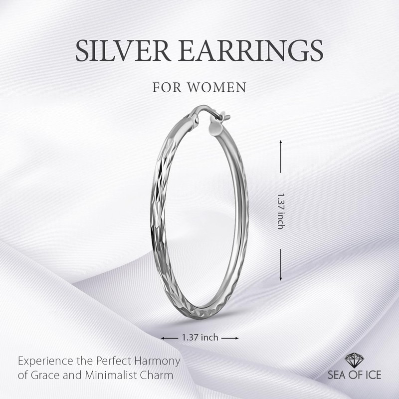 Sterling Silver 2mm Width Diamond-Cut Round Hoop Earrings, 35mm