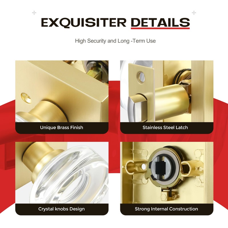 Heittis 2 Pack Gold Glass Door Knobs Interior,Round Interior Crystal