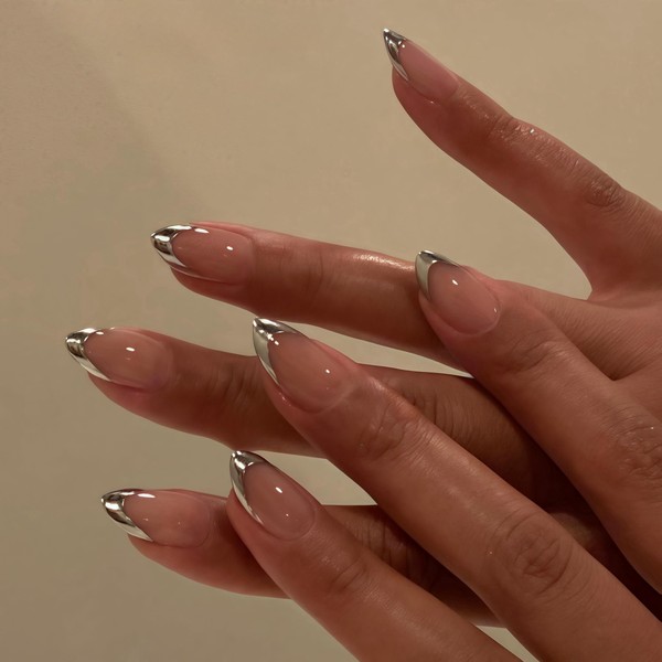 Glazed Donut Silver Gray French Tip Press on Nails Almond,