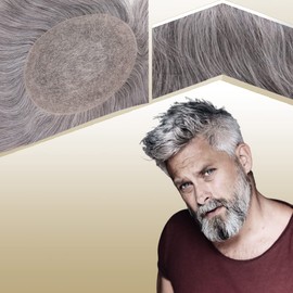 Lishy European Human Hair Toupee for Men Soft Full Swiss Lace Hair Replacement System Hairpieces 10"x8" Straight 1B Mixed 70% Grey White Hair