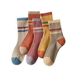 OYOANGLE Women's 5 Pair Color Block Striped Crew Socks Summer Cute Socks Comfy Daily Wear Knitted Sock Multicolor 36-39