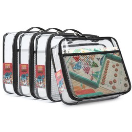 4 Pack Clear PVC Zippered Toy Storage Bags for Toy, Kids Toy, Building Blocks, Puzzle, Clay, Board Game Storage Organizer Travel Waterproof Bliss Bins With Name Tag Pocket (Black, Medium)