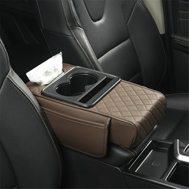Car Armrest Storage Box, Center Console Cover Cushion, 4 In 1 Car Tissue Box Organiser Cup Holder Multifunctional Storage Box, For Most Vehicles, SUV, and Trucks (Brown)