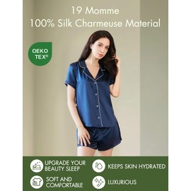 COLD POSH Womens 19MM Mulberry Silk Pajamas Set Short Sleeve Lightweight 2PC Sleepwear for Loungewear Sets Navy