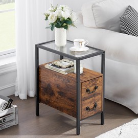 VECELO End Tables, 24" Height Narrow Nightstands, Modern Tall Night Stand with Drawers and Shelf for Living Room, Bedroom,Tempered Glass