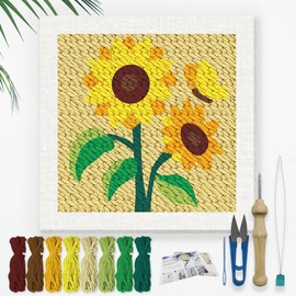 DOODLREAM Sunflower Embroidery Set for DIY with Punch Needle for Adults and Beginners 24 cm Sunflowers Punching and Sewing Kit for Beginners with Frame Fabric Pattern Threader Yarn Squeeze Needle