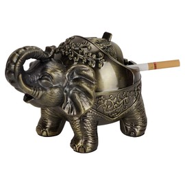Ashtray with Lid for Outside Patio - Vintage Elephant Design, Windproof Metal for Indoor Outdoor Use, Decorative Smoking Accessory, Gift for Men Women, Bronze Finish