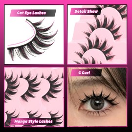 Veleasha Lashes Manga Eyelashes Spiky Eye Lashes Anime Lash 8D Doll Lash Natural Look Soft Wispy Fake Eyelashes 7 Pairs with Cotton Band (Cutes)