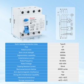 FI Circuit Breaker Type B, FI Circuit Breaker 63A 30mA 4-Pin + DC 6mA, Full Current Intensive Residual Current Protection, for Wall Boxes/Charging Stations and Circuit Breaker DIN Rail (B)