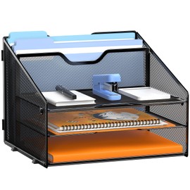 GAWERK Letter Tray Organizer, Mesh Desk File Organizer with 3 Paper Trays and 2 Vertical Upright Section, Blank