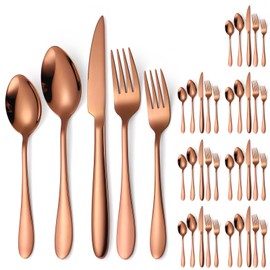 A · HOUSEWARE Copper Flatware Set 8 Stainless Steel Silverware 40 Pieces include Forks Spoons Knives Heavy Duty Durable for Home Kitchen Festival Parties Resturant Utensils