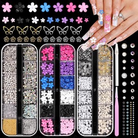 3 Boxes Blossom Colorful Flower Nail Charms and Gems, Mixed Sizes Tiny Flowers for Nails Color Flowers Nail Art Charms, Half Pearls Caviar Beads Gems Rhinestones Charms for Acrylic Nails Art Supplies