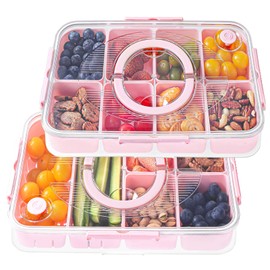 LUXEAR Divided Serving Tray with Lid and Handle Snack Box Charcuterie Container Dishwasher Safe 8 Compartment Snack Platters Portable Organizer for Candy, Snacks, Picnic, Party&Travel(2p pink)