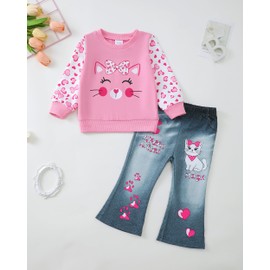 Renotemy Toddler Girl Clothes Little Girls Fall Winter Outfits 2-3 Year Old Long Sleeve Pink Cat Sweatshirt Bell Bottom Pants Flare Faux Jeans Clothing Set 2T 3T Girl Clothes Gifts for Kids