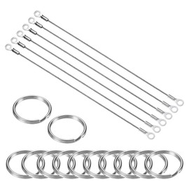 MECCANIXITY 304 Stainless Steel Lanyard Cable 20cmx3mm, 6Pcs Eyelets Ended Short Wire Rope Lanyard Safety Tether with 12Pcs Key Ring, Silver Tone