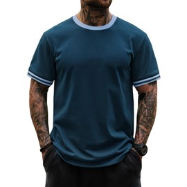 Herberton Mens Ringer Retro Casual Tee Summer New Shirts Rib-Knit Cuffs Plain Classic Trendy Knitted Cotton Solid Color Ribbed Heavyweight Gym Solid Crewneck Tshirt Navy XL