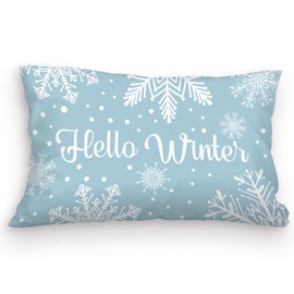 kdqua Blue Christmas Winter Pillow Covers 12x20, Hello Winter Snow Snowflake Merry Xmas Decorations Throw Pillow Cover, Winter Seasonal Cushion Covers for Sofa Bedroom Decor (Blue-Hello Winter)