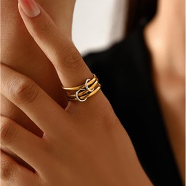 WanBigVa Gold Stackable Rings for Women Non Tarnish,Trendy Chunky Silver Gold Multi-Link Connected Stack Rings 14K Gold Plated Statement Rings Stackable Rings Set for Women
