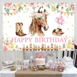 Jollyboom Horse Decoration Birthday Girl, Horse Background Happy Birthday Banner Pink Floral for Children's Birthdays, Horse Racing, Birthday Party Background