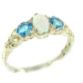 925 Sterling Silver Real Genuine Opal and Blue Topaz Womens Anniversary Ring - Size 8