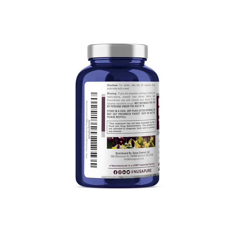 Mucuna Pruriens 1000 mg 200 cápsulas vegetales (sin OMG, 100%