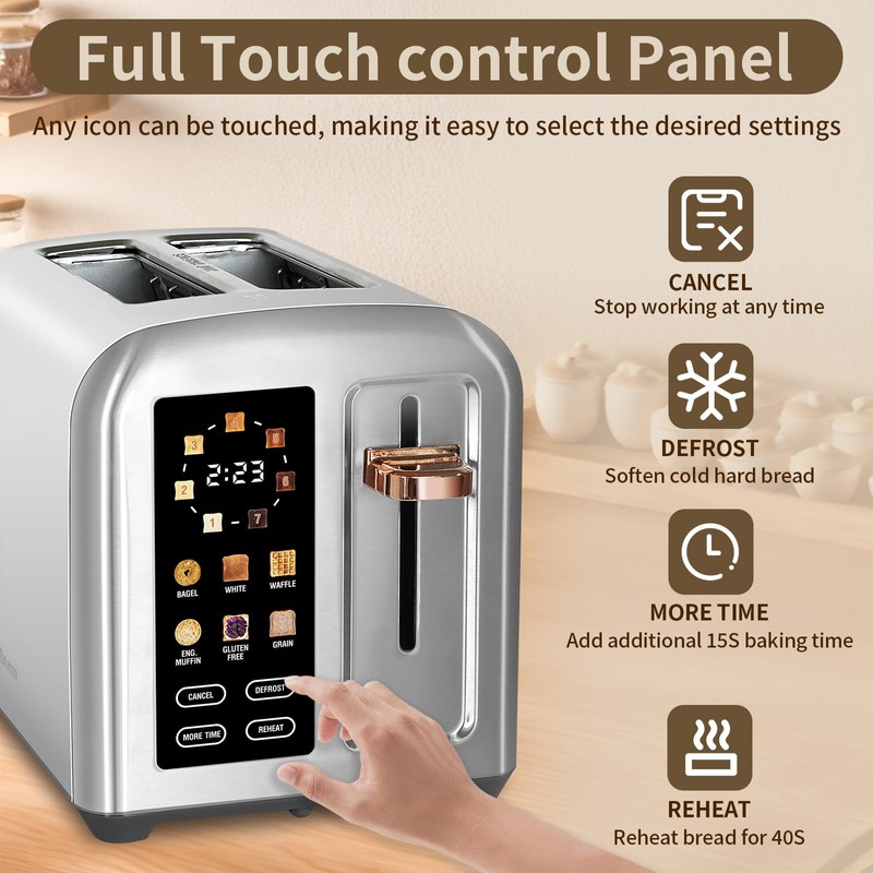 SEEDEEM 2 Slice Stainless Steel Toaster, Touch LCD, 7 Shade,