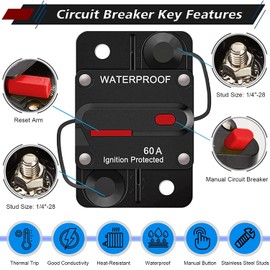 80 Amp Circuit Breaker with Manual Reset for Car Marine Trolling Motors Boat ATV Manual Power Protect for Audio System Fuse, 12V-48VDC, Waterproof