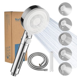 Nafall Shower Head with Filter - High Pressure Hand Shower with Hose, Shower Head with 5 Jet Types, Stop Function, Water-Saving Shower Head for Heavy Metal, Residual Chlorine, Bacteria, Chrome White