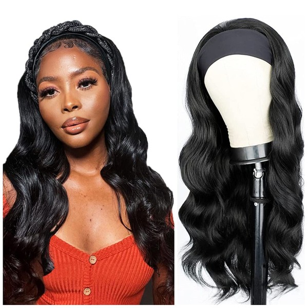 Brazilian Natural Wave Human Hair Headband Wigs For Black Women Without Lace Front Wigs 150% Density Pre-Plucked Human Hair Wigs Natural Color (12inch, Natural Wave Natural Color)