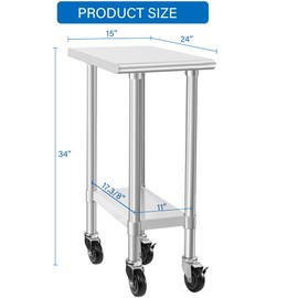 HARDURA Stainless Steel Commercial Table Prep & Work Table with Casters Heavy Duty Metal Table with Wheels NSF 430 24×15 Inches