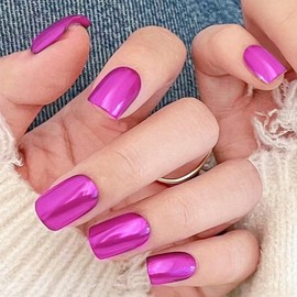 Medium Press On Nails Square Fake Nails Chrome False Nails With Mirror Metal Design Purple Glue On Nails Full Cover Artificial Nails Glossy Reusable Stick On Nails For Women 24pcs