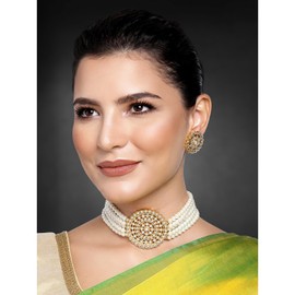 Aheli Faux Pearl Kundan White Choker Necklace with Round Earrings Indian Traditional Bollywood Jewelry Set for Women Girls