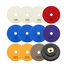 EATAKWARD 11Pcs Diamond Polishing Pads 4 Inch with 1Pc Backer Pad Diamond Concrete Polishing Pads Wet Dry Set 50 100 200 400 800 1500 Grit for Granite Concrete Marble Quartz Polishing 11+1 Pack