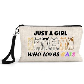 J&D's Everyday Needs Just A Girl Who Loves Cats Cat Makeup Bag - Cat Themed Gifts for Women & Girls, Cute Mom Cosmetic Gift Bag Pouch, Funny Birthday Purses & Bags for Kitty Merchandise Lovers