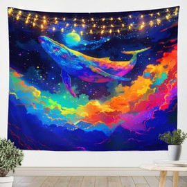 Feelyou Blue Whale Tapestry Wall Hanging Galaxy Sky Moon Tapestry for Kids Boys Girls Cartoon Whale Wall Tapestry Cloud Sky Wall Art for Bedroom Living Room,XLarge 70x92 Inches